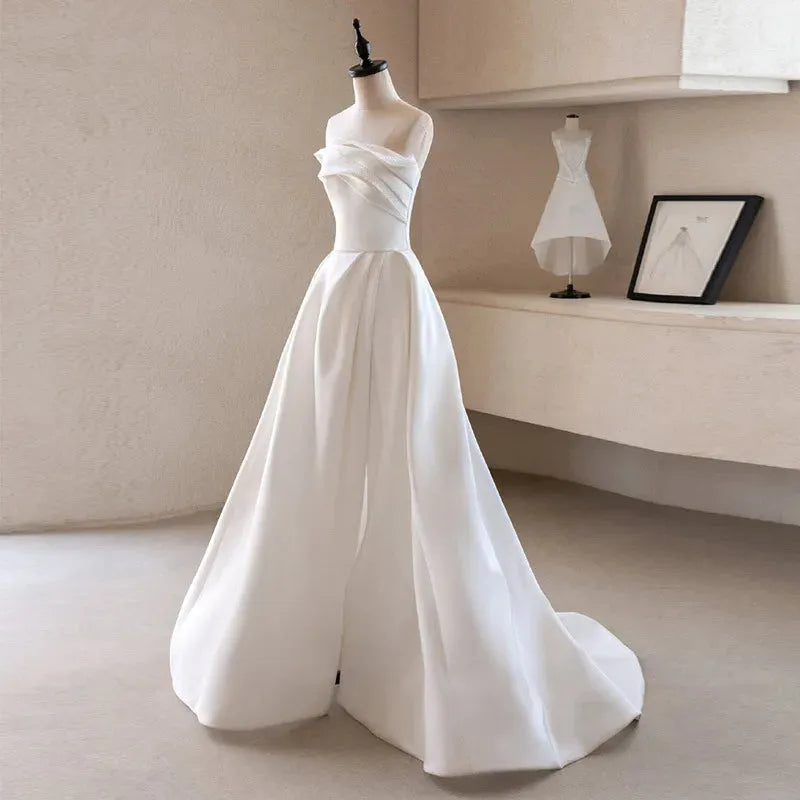 French Luxury White Satin Trailing Wedding Dresses for Bride Women Elegant Sexy Strapless Long Prom Party Dress vestidos White 50cm | cn