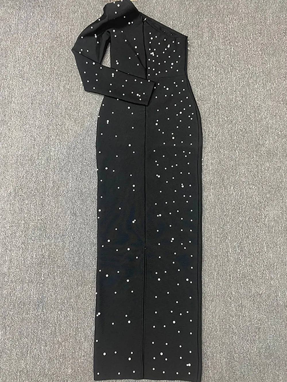 Sexy Women's Light Luxury Pearl Design Bandage Dress with Diagonal Collar One Shoulder Long Sleeve Bodycon Christmas Dress