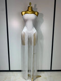 Fashion Design Long Tassel Patchwork Strapless Bandage Bodysuit Women Sexy High Street Evening Party Nightclub Hotwife Outfit WHITE