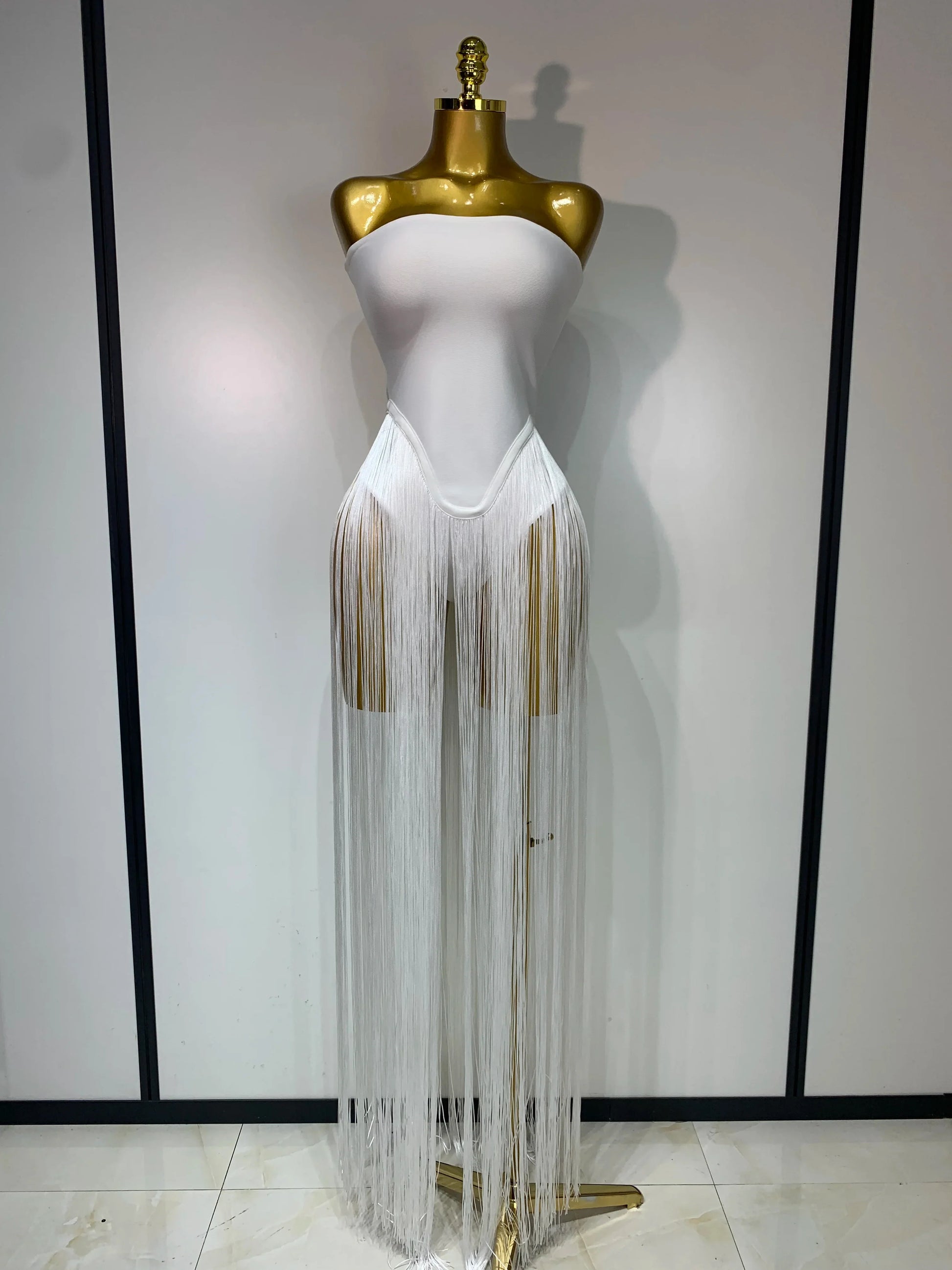 Fashion Design Long Tassel Patchwork Strapless Bandage Bodysuit Women Sexy High Street Evening Party Nightclub Hotwife Outfit WHITE