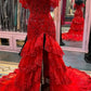 Red Shiny Sequins Prom Dress Sexy Side High Split فساتين السهرة Off Shoulder V-neck tidos de noche