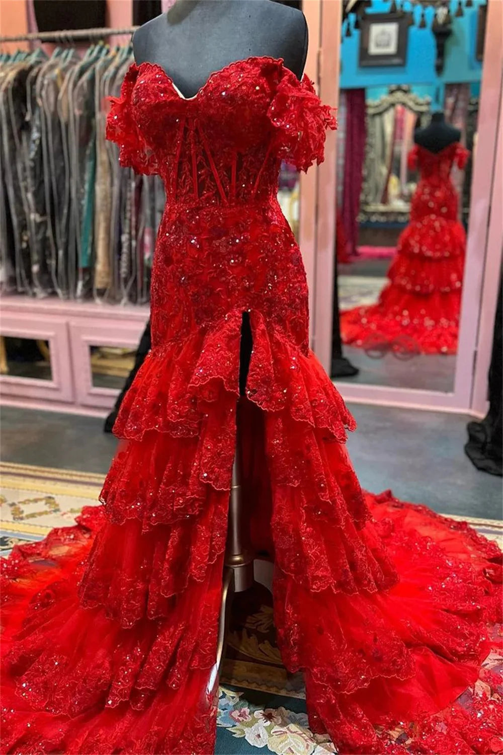 Vestido de fiesta rojo brillante con lentejuelas, abertura alta lateral sexy, hombros descubiertos, cuello en V, tidos de noche