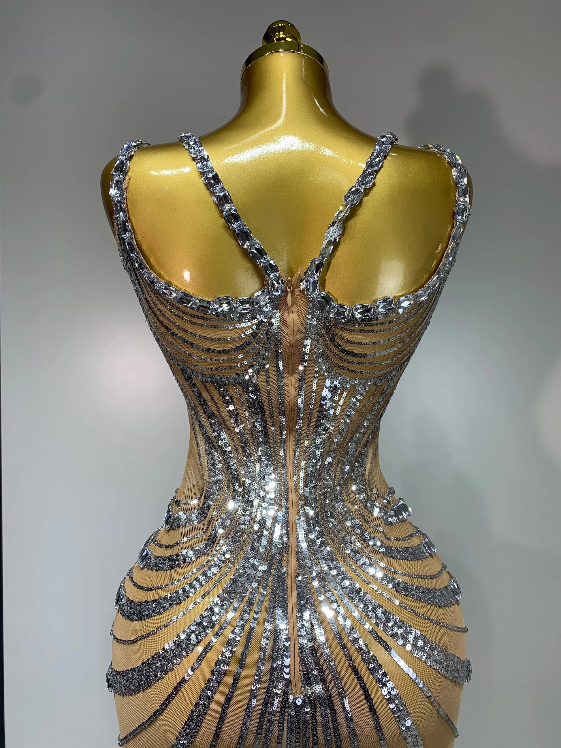 Sexy Silver Rhinestone White Mesh See Through Long Dress Women Luxury Birthday Party Prom Gown Singer Nightclub Stage Outfit