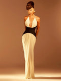 Glamorous Halter V-Neck White Maxi Dress with Black Corset Style Detail and Open Back for a Gala Event Gown