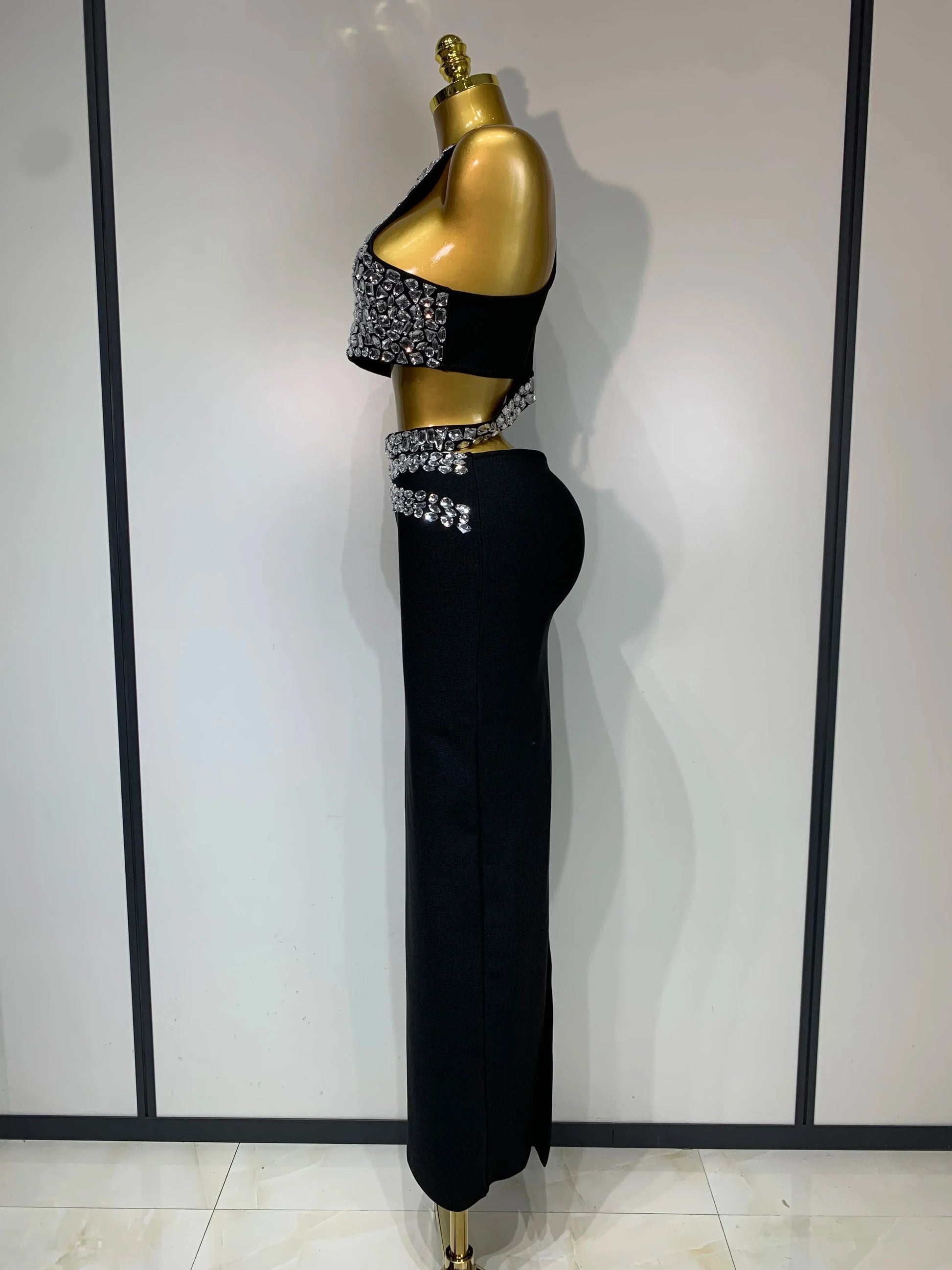 Sparkly Crystal Bodycon Long Bandage Dress Women Sexy Top Two Pieces Set Nightclub Elegant Party Birthday Stage Costume