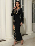 Women's Heavy Industry Nail Bead Design Bandage Dress V-neck Long Sleeve Bodycon Split Length Dresses Club Party Vestido