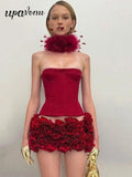 Sexy Women'S Floral Mini Skirt Set Strapless Sleeveless Fishbone Backless Drawstring Vest+Mini Skirt Two-Piece Set