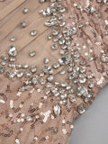 Beige Sequins Strapless Long Dress Backless See Through Mesh Crystal High Slit Celebrity Party Evening Gowns With Gloves