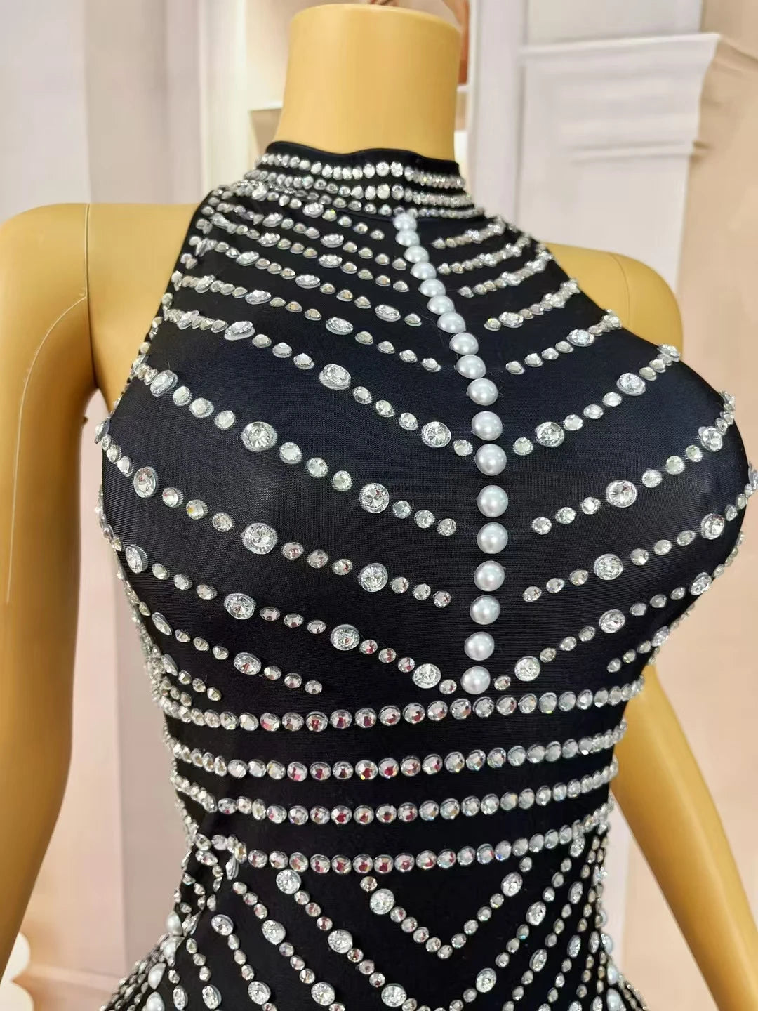 High-end Chic Black Mini Dress for Sexy Women Sparkly Rhinestone Tassel Bodycon Dress Birthday Party Queen Ball Dress lianhua