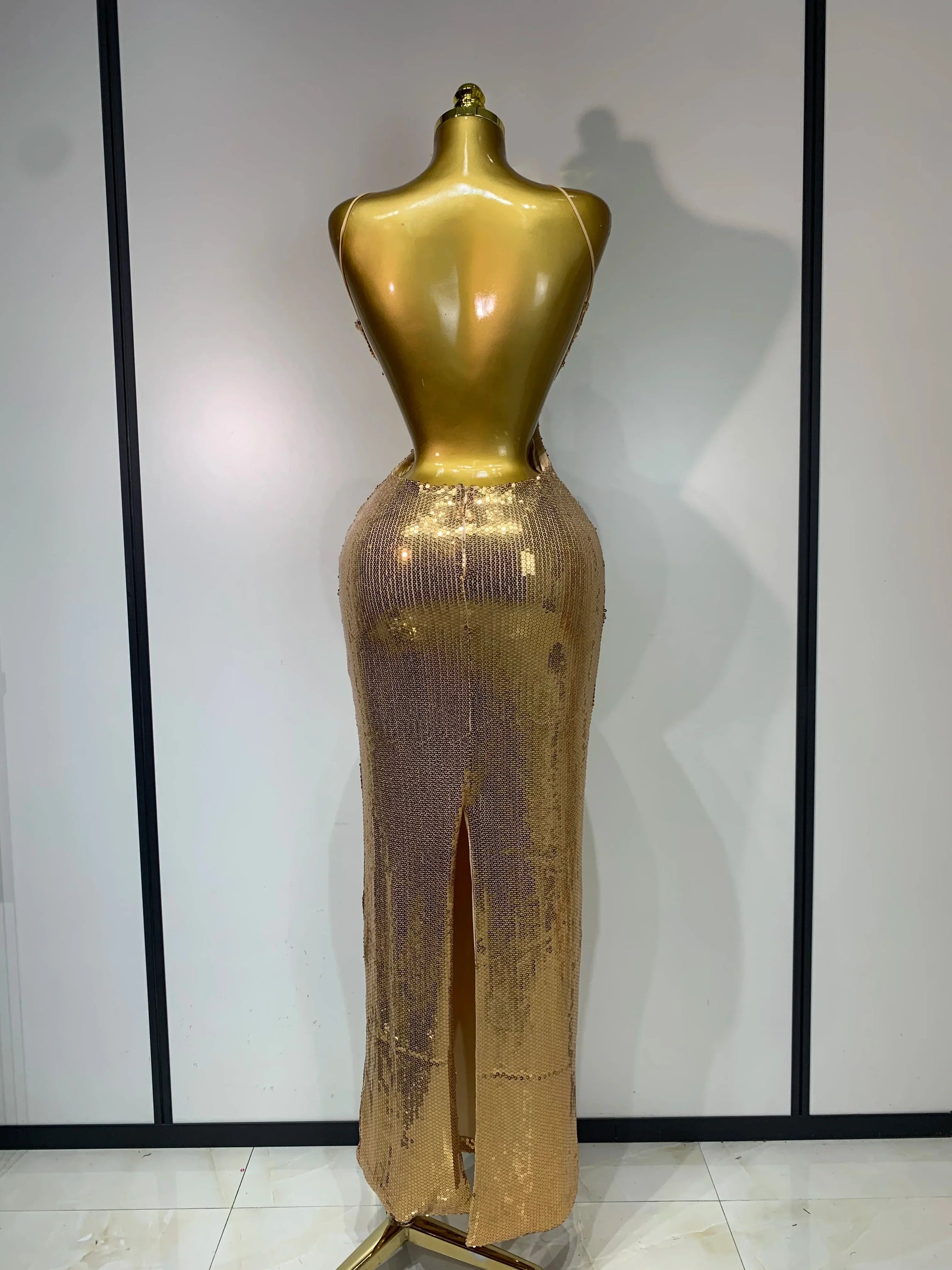 Luxury Sexy Backless Halter Gold Glitter Sequins Maxi Long Dress Elegant Sparkly Evening Party Club Dress Wedding Guest Gown