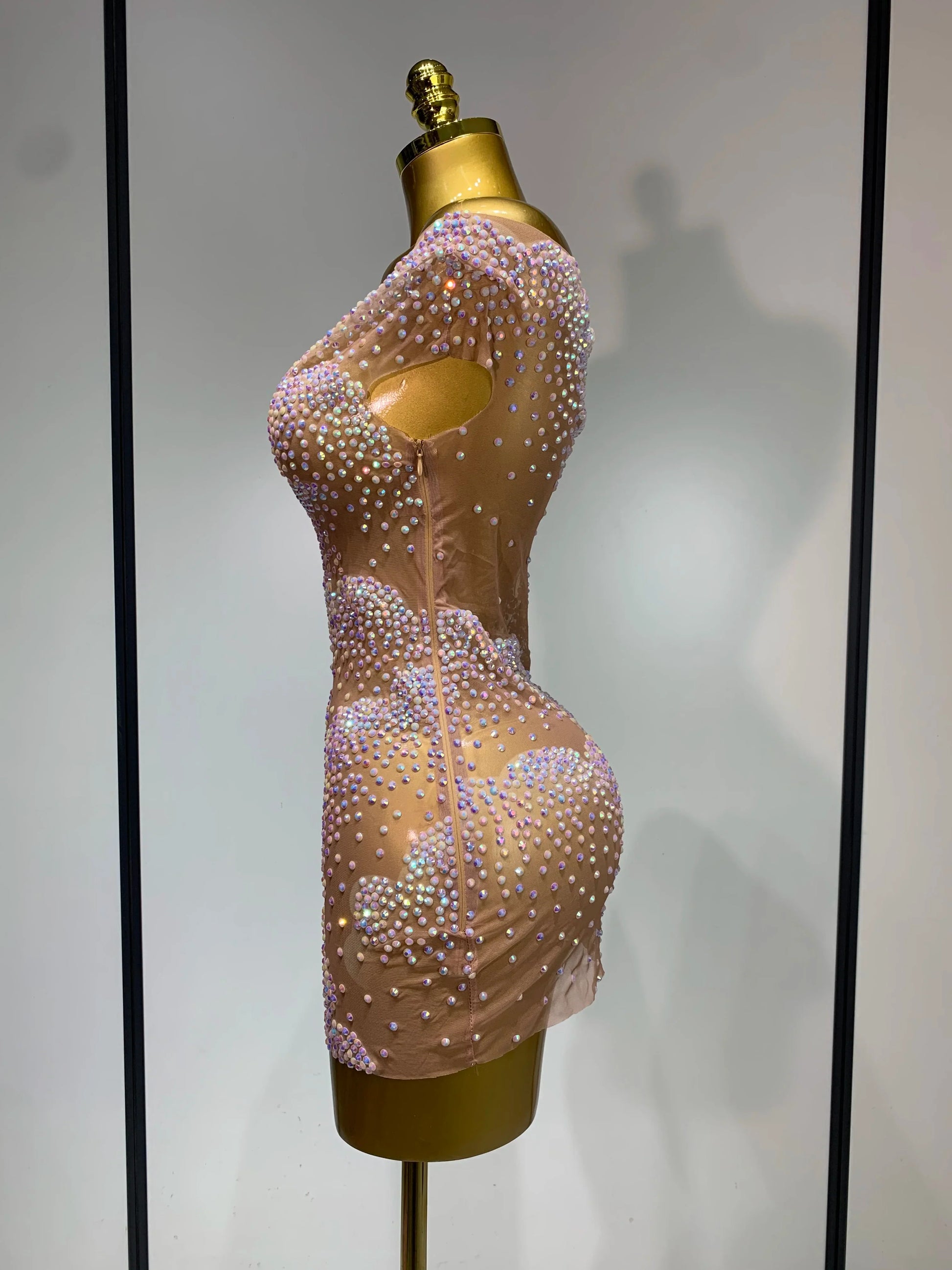 Women Sexy Mesh See Through Mini Dress Celebrate Birthday Evening Party Dress Luxury Rhinestones Stage Performance Costume