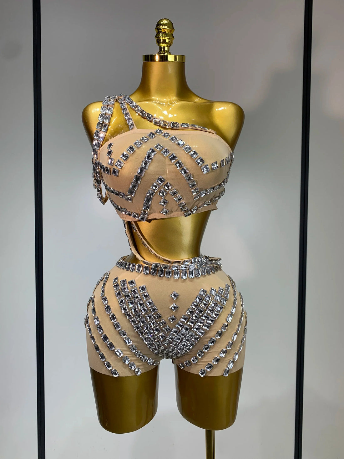 Luxury Diamonds Sexy Mesh Perspective Two Pieces Outfit Performance Dancer Singer Costume Nightclub Women's Set Birthday Wear Style 1