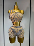 Luxury Diamonds Sexy Mesh Perspective Two Pieces Outfit Performance Dancer Singer Costume Nightclub Women's Set Birthday Wear Style 1