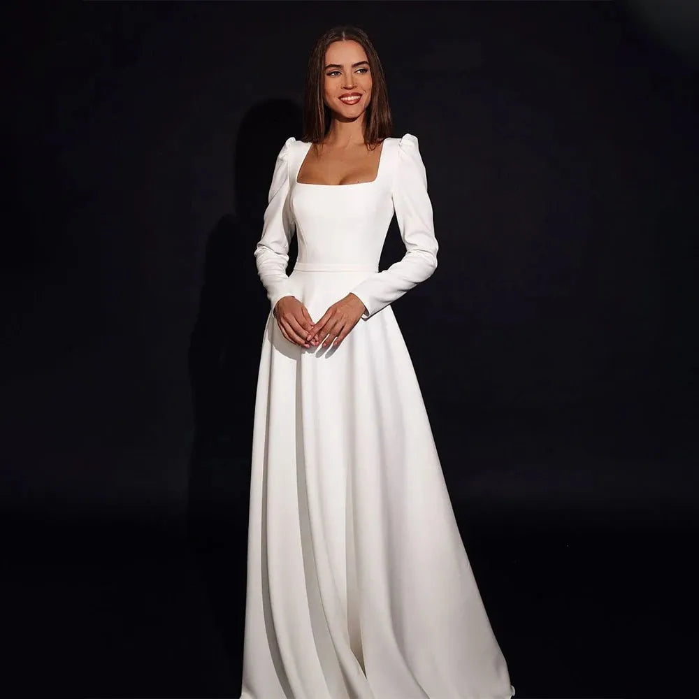 Elegant A Line Wedding Dress Square Coallar Long Puff Sleeve Floor Length Satin Bridal Gown Simple Robe De Mariee Custom Made 14w