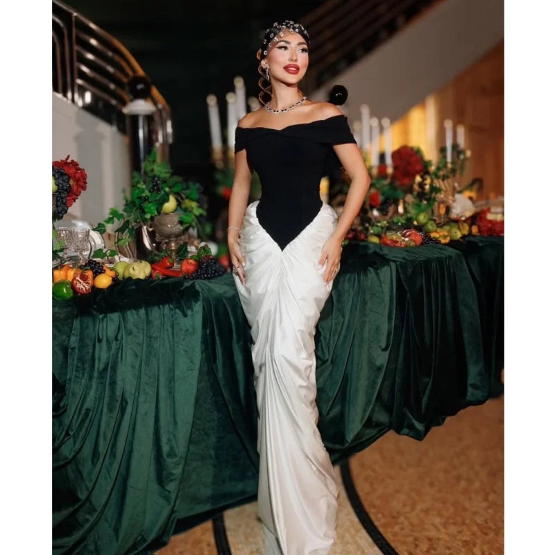 Sexy Off The Shoulder Package Hips Black Patchwork White Floor Length Dress Graceful Woman Party Dress Cocktail Party Outfit