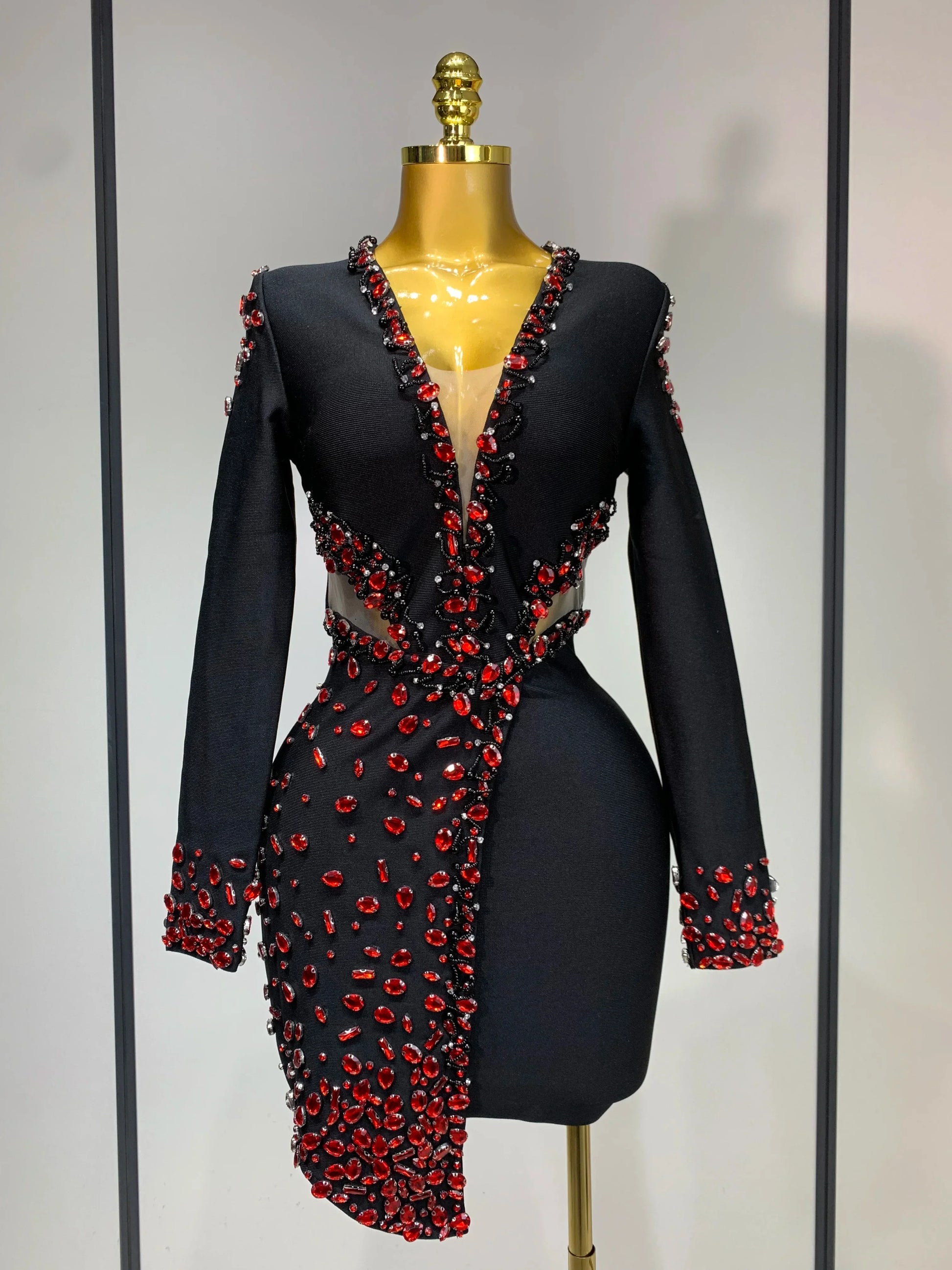 Luxury Birthday Women Celebrity Sexy Long Sleeve V Neck Rhinestone Black Bandage Dress Elegant Evening Club Party Dresses black