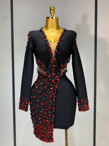 Luxury Birthday Women Celebrity Sexy Long Sleeve V Neck Rhinestone Black Bandage Dress Elegant Evening Club Party Dresses black