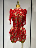 Women Sexy Mesh See Through Designer Rhinestones Chain Stage Performance Costume Nightclub Celebrate Party Luxury Birthday Dress Red