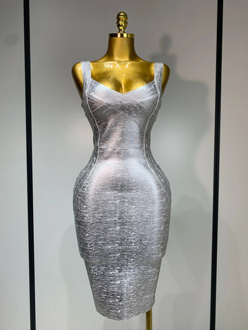 Women Sleeveless Bodycon Bandage Dress Celebrity Elegant Silver Gold Cocktail Party Birthday Dress Vestidos Silver