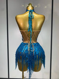 Women Sexy Shinning Rhinestone Tassels Two Pieces Set Nightclub Evening Party Birthday Bar Dancer Performance Stage Costume