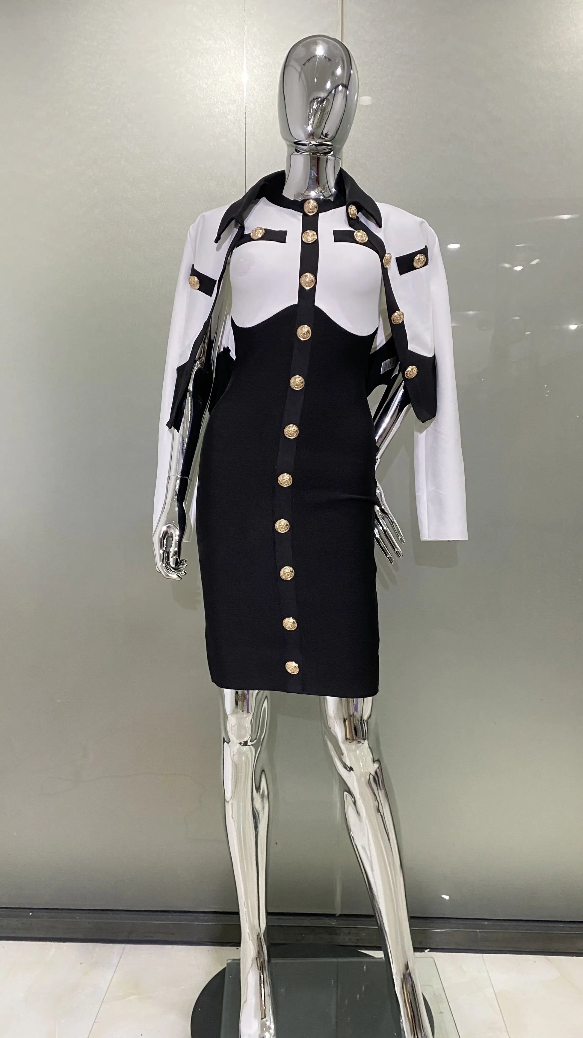 s Fashionable Women's Bandage Set Golden Buttons White Patchwork Black Coat And Sleeveless Bodycon MIini Dress