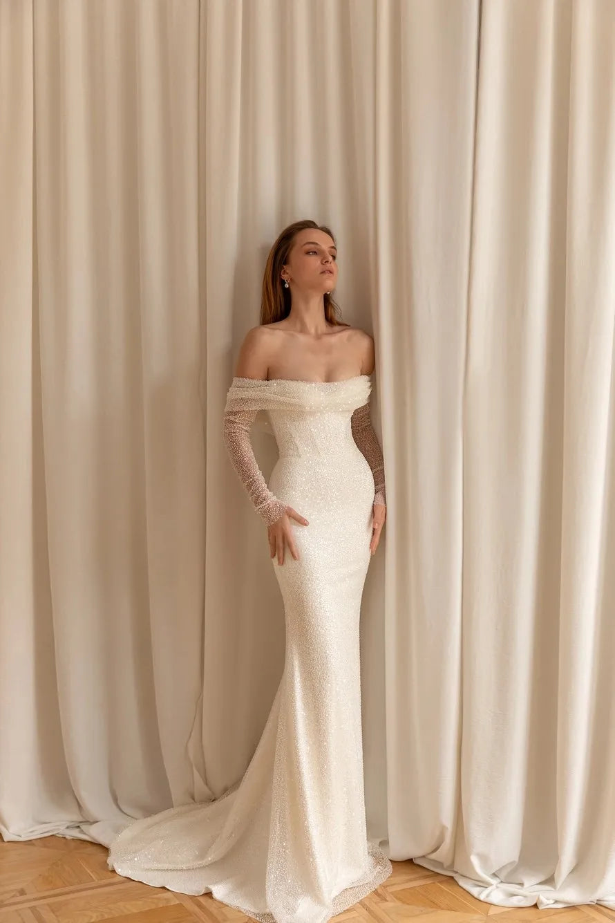 Bling Sequined Off The Shoulder Full Sleeves Mermaid Wedding Dresss Detachable Train Vestido De Renda Estilo Sereia