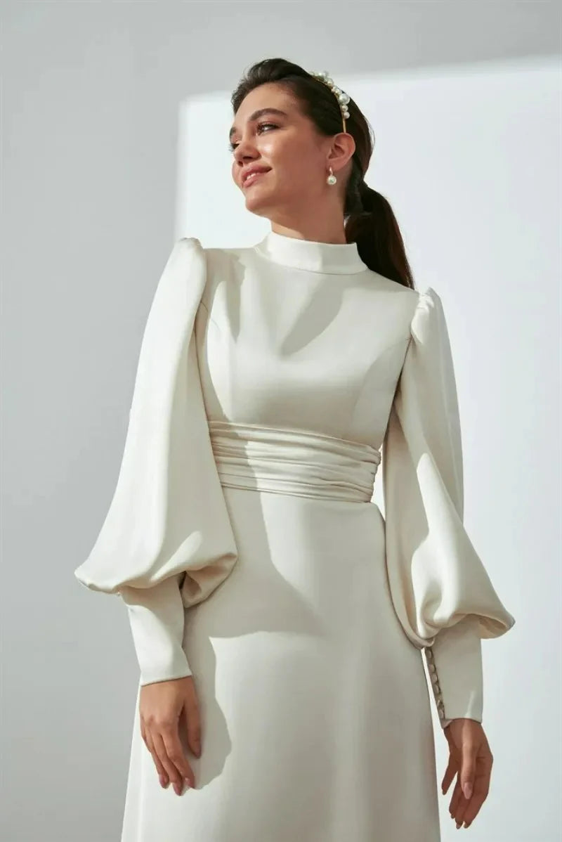 Muslim Sederhana Kerah Tinggi Gading Putri Duyung Gaun Pengantin Tombol Satin Penuh Terbungkus Lipatan Pengantin Gaun Panjang Lantai Jubah De Mariée
