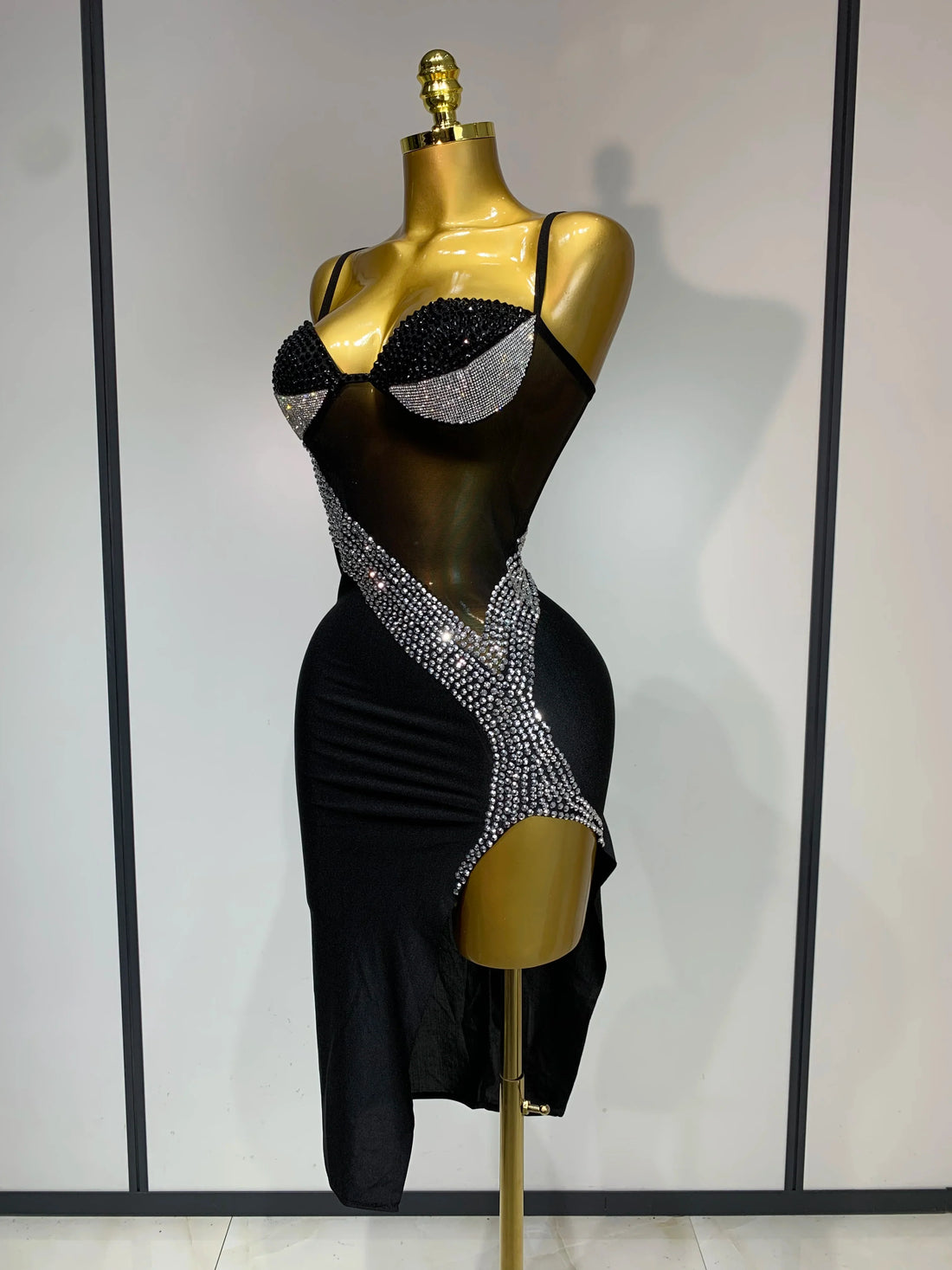 Sparkly Rhinestones Mesh Evening Party Dress Women Sexy Festival Celebrate Dj Nightclub Singer Stage Outfit Birthday Dress black