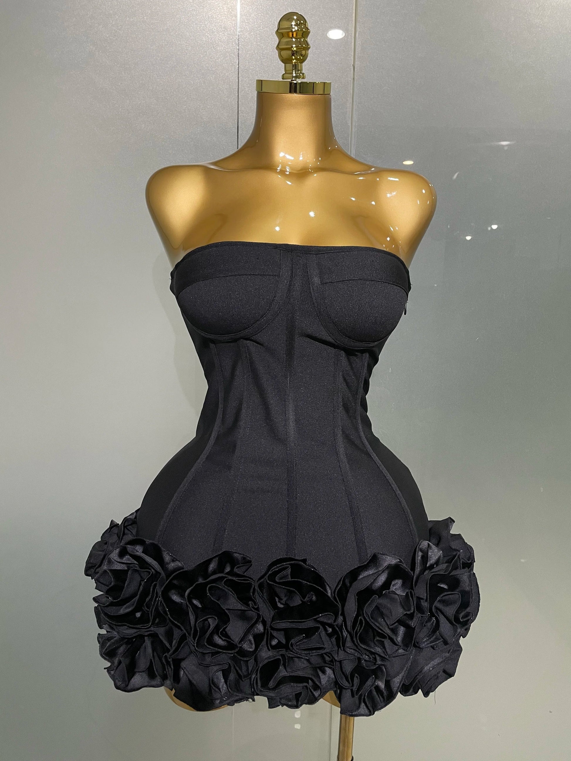 Women Evening Bandage Dress Strapless Bodycon Flowers Mini Celebrity Sexy Birthday Party Dresses Photo Shoot Nightclub Outfit black