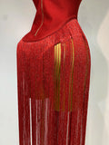 Fashion Design Long Tassel Patchwork Strapless Bandage Bodysuit Women Sexy High Street Evening Party Nightclub Hotwife Outfit