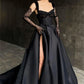 Black Lace Embroidery Prom Dresses A-line Satin فساتين السهرة  Elegant Illusion Gloves Floor-Length vestidos verano moda