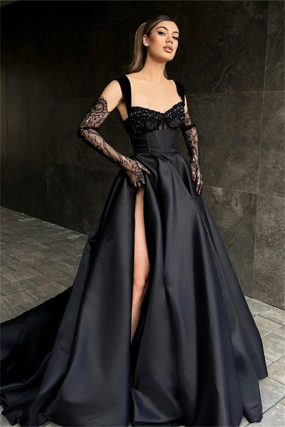 Black Lace Embroidery Prom Dresses A-line Satin فساتين السهرة  Elegant Illusion Gloves Floor-Length vestidos verano moda