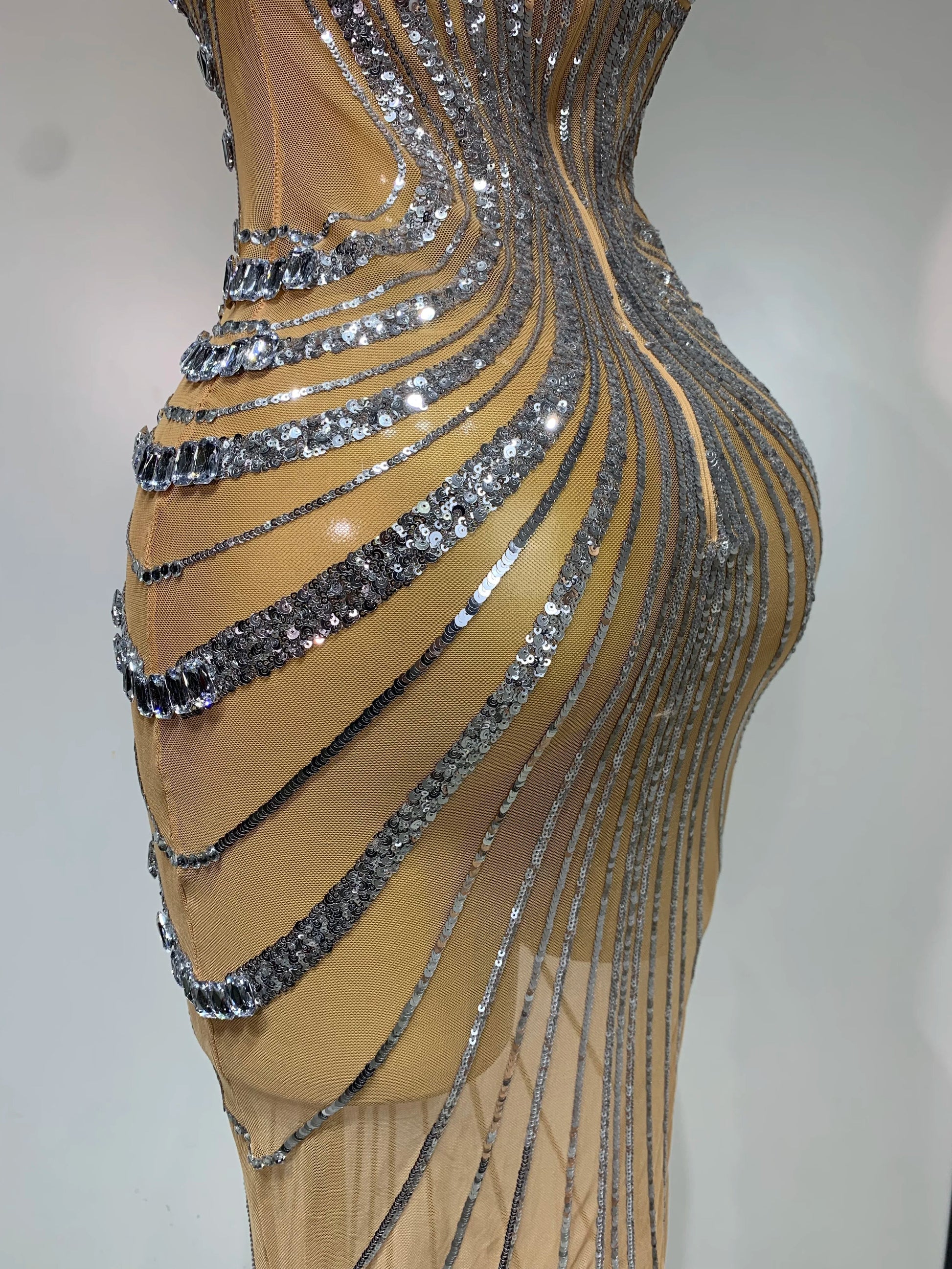 Sexy Silver Rhinestone White Mesh See Through Long Dress Women Luxury Birthday Party Prom Gown Singer Nightclub Stage Outfit