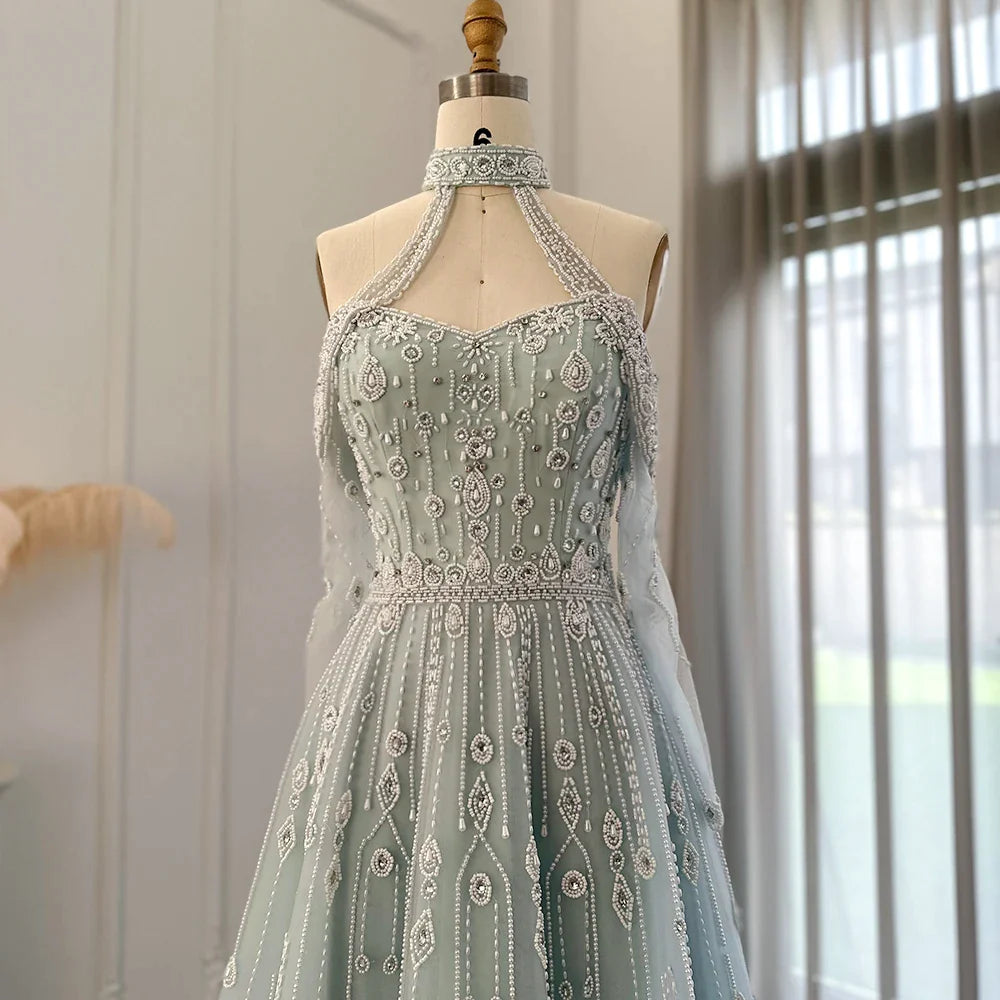 Robe de soirée de luxe bleu clair pour femmes, tenue de mariage élégante, épaules dénudées, perles, arabe, robes de soirée formelles 