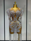 Sparkly Rhinestones Tassel Sexy Mesh Transparent Short Dress Women Evening Party Luxury Birthday Nightclub Singer Stage Costume MULTI
