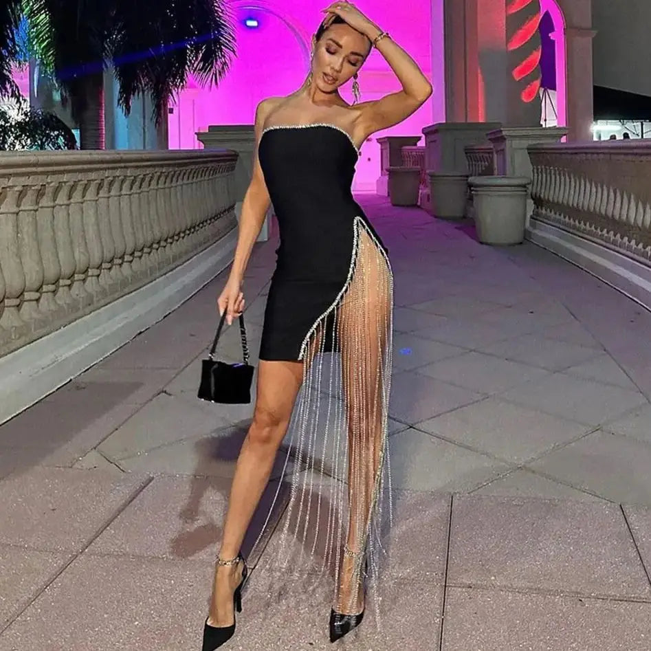 Shining Diamond Chain Sexy Slit Strapless Black Bandage Mini Dress Woman Birthday Party Dress Nightclub Party Outfit