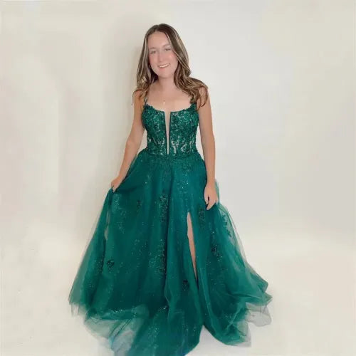 Green Lace Appliques Tulle Prom Dress Ankle Length Sleeveless A-line Vestidos De Fiesta Elegant Side Spilt Graduation Ball as pic