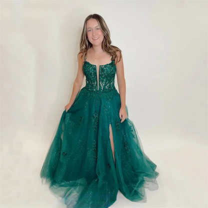 Green Lace Appliques Tulle Prom Dress Ankle Length Sleeveless A-line Vestidos De Fiesta Elegant Side Spilt Graduation Ball