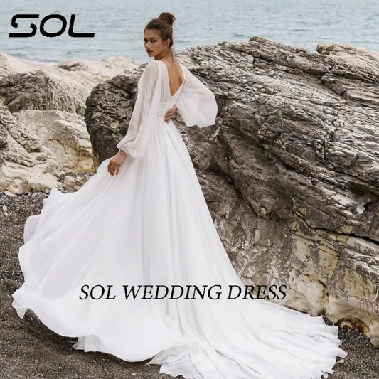 שמלות כלה של סול בוהו שרוול נפיחות שמלת כלה צווארון v-קו-קו פיצול חתונה גבוהה שמלות נשף גודל בהתאמה אישית