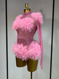 Sexy See Through Rhinestone Bodysuit Women Sexy Tight Mesh Ruffles Performance Dancer Singer Costume Nightclub Stage Outfit