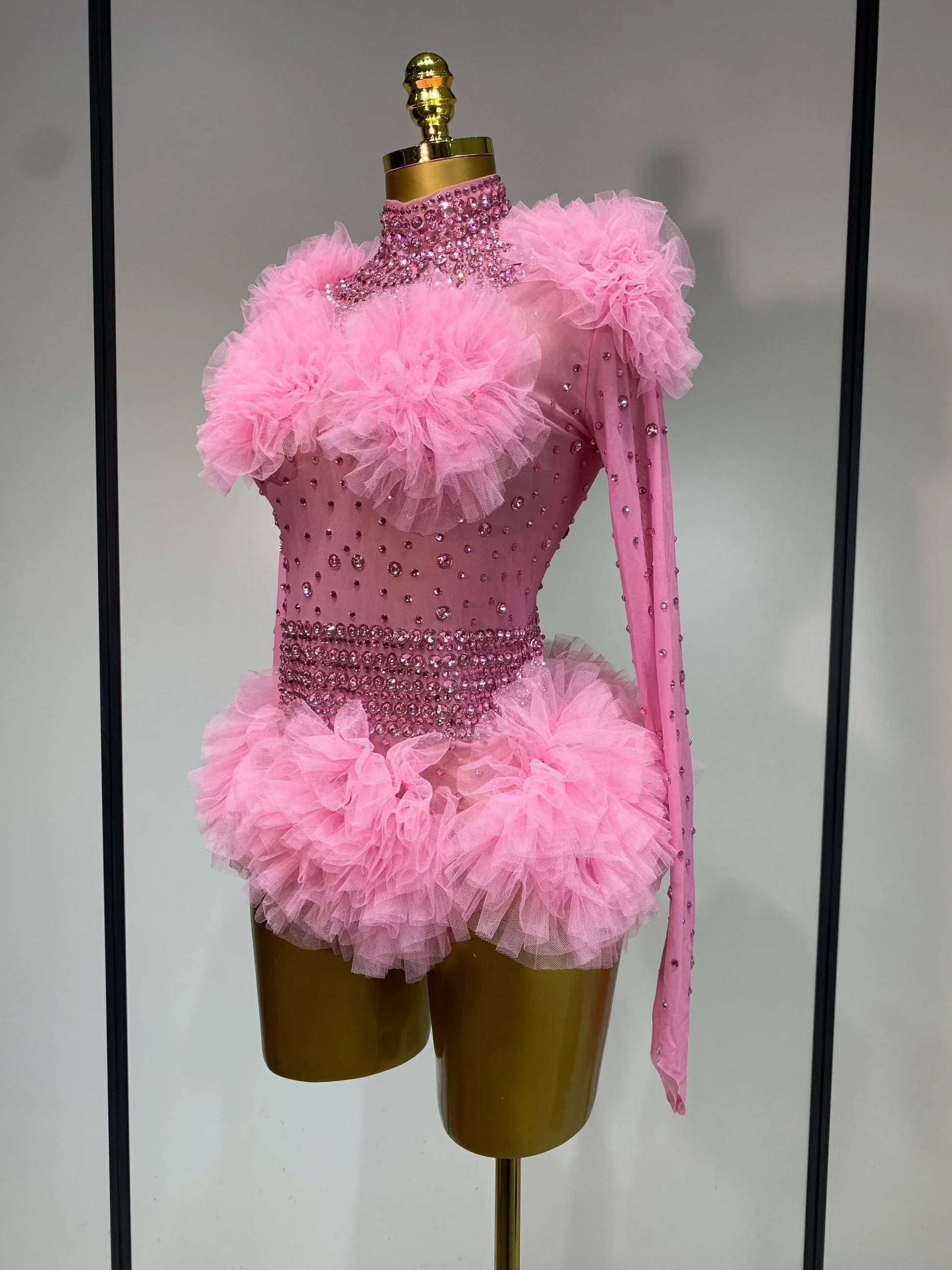 Sexy See Through Rhinestone Bodysuit Women Sexy Tight Mesh Ruffles Performance Dancer Singer Costume Nightclub Stage Outfit