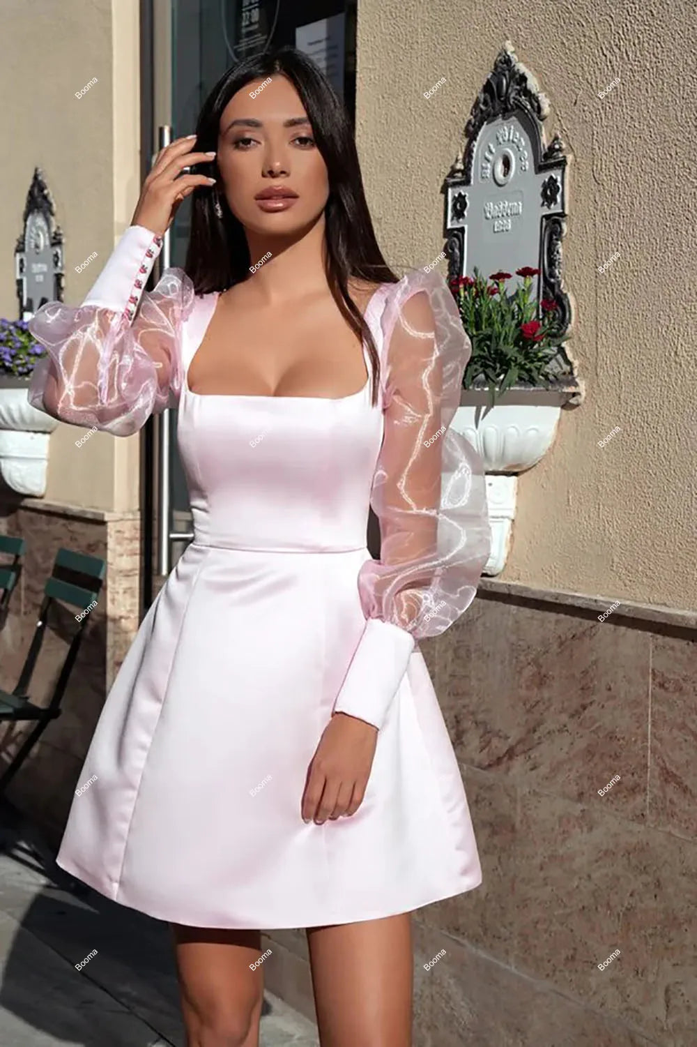 Short Wedding Party Dresses Square Collar Long Puff Sleeves Mini Brides Gowns for Women Button A-Line Cocktail Dress