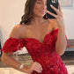 Red Shiny Sequins Prom Dress Sexy Side High Split فساتين السهرة Off Shoulder V-neck tidos de noche