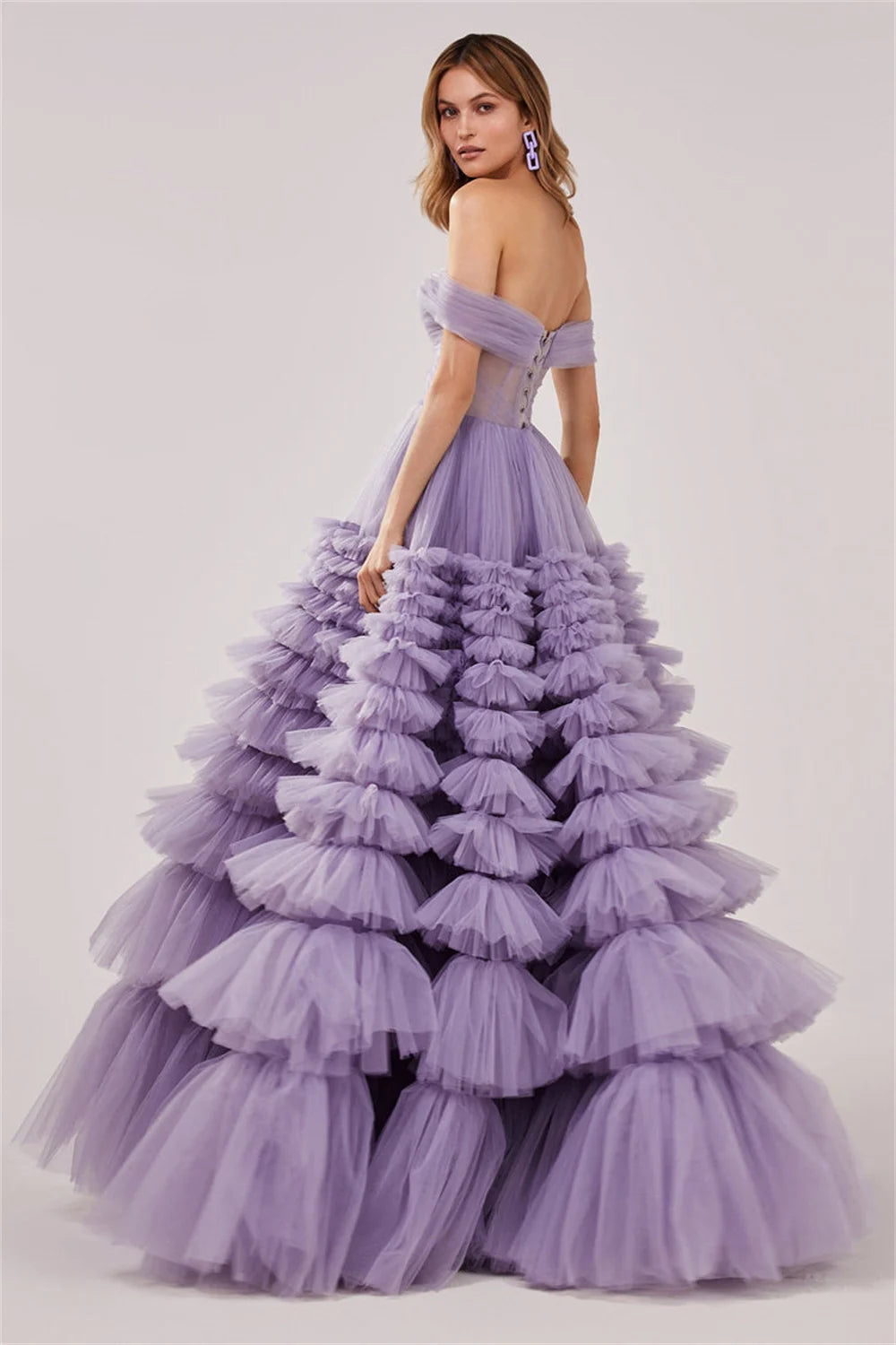 Lavender Cake shaped Tulle Prom Dress Multilayer Mesh Off Shoulder Ball Gown Vestidos De Fiesta Sleeveless Party Dress