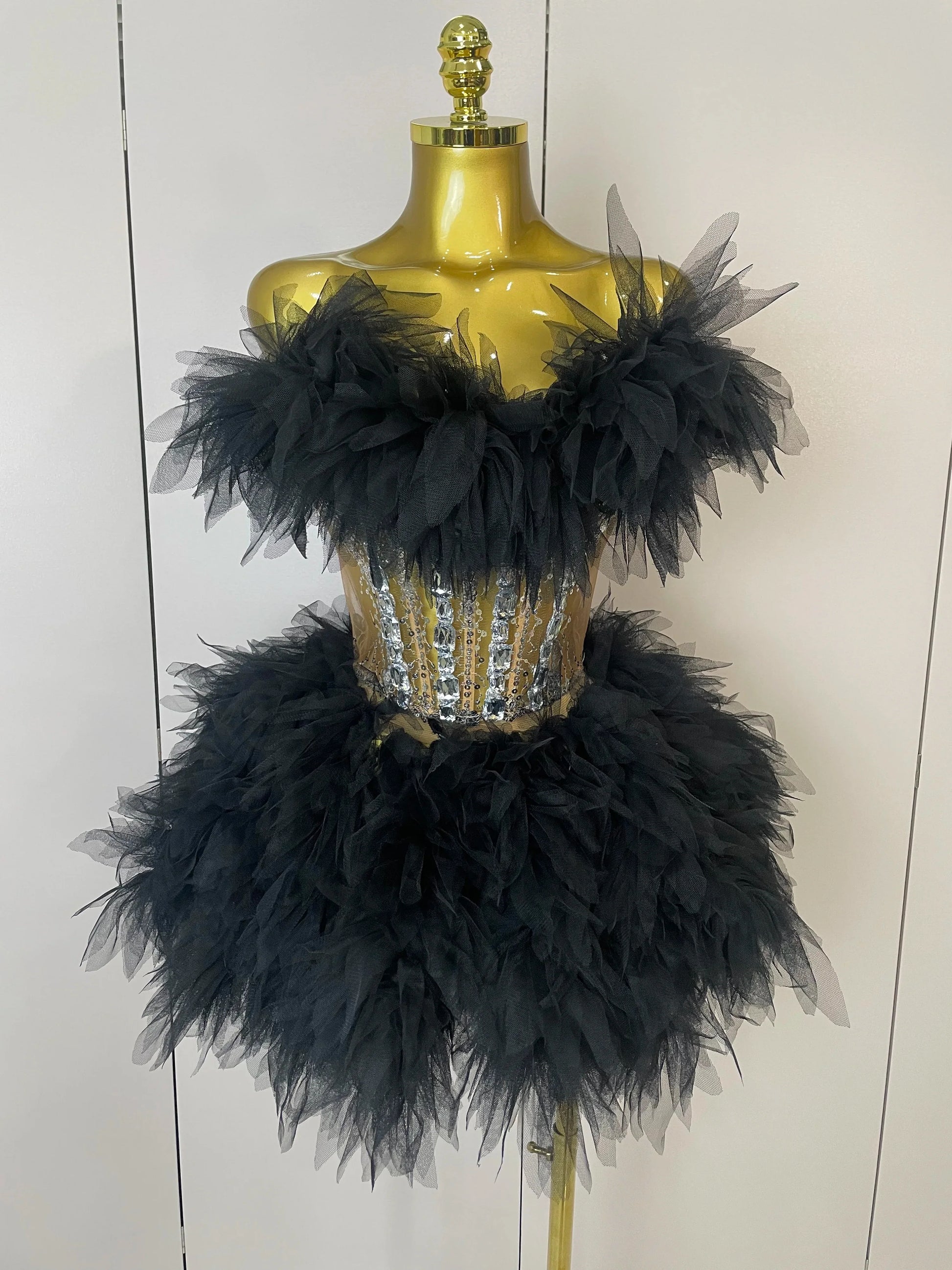 Women Sexy Backless Strap Mesh Fluffy Skirt 2 Pieces Diamond Sequins Stage Performance Costume Birthday Party Shooting Dress black