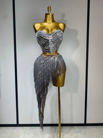 Sexy Sparkly Diamond Tassel Two Piece Set Women Evening Party Luxury Birthday Nightclub Singer Dancer Performan Stage Costume Silver