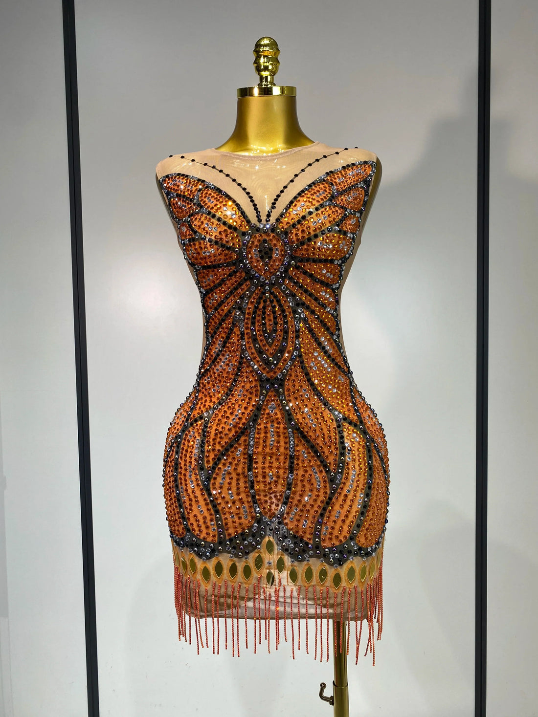 Sparkly Rhinestones Mesh Short Dress Sexy Sleeveless Luxury Birthday Evening Party Gown Performance Singer Stage Outfit Orange