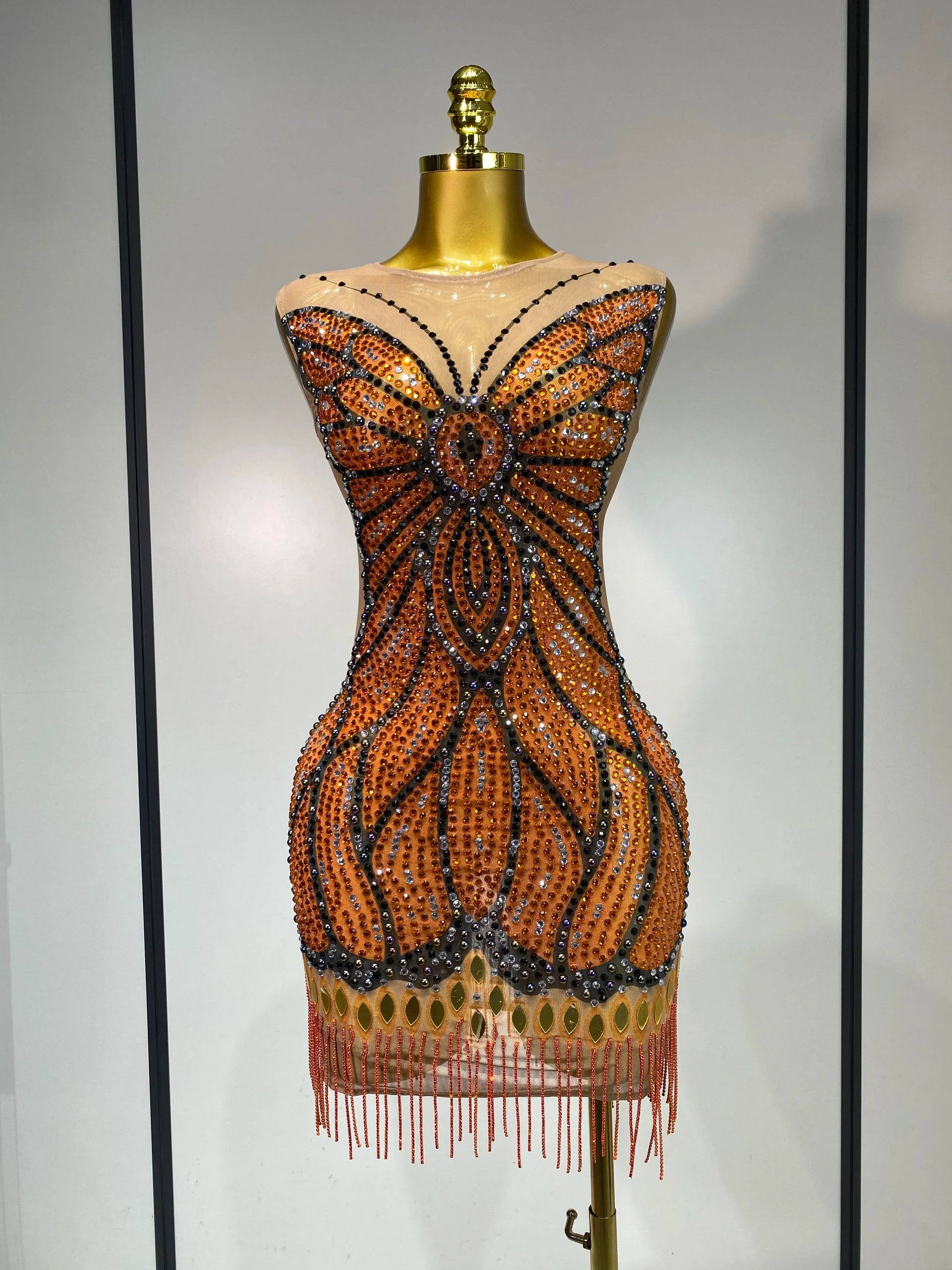 Luxury Rhinestones Mesh Long Dress Elegant Sexy Sleeveless Birthday Evening Party Gown Performance Singer Stage Outfit Orange