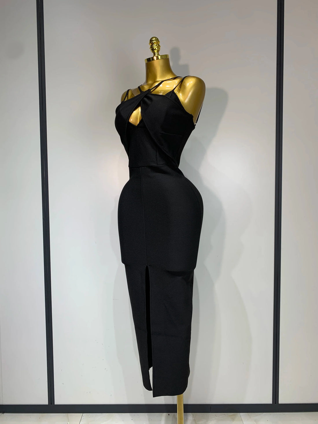 Women Sexy Sleeveless Hollow out Split Backless Black Midi Bandage Dress Celebrity Elegant Evening Cocktail Party Dresses black