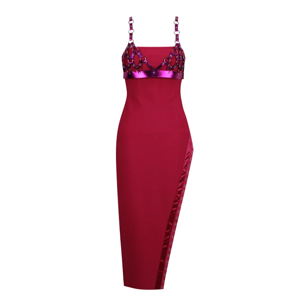 Summer Long Dress Women Sexy High Split Design Evening Party Black Bandage Dress Fashion Stage Show Wear Dark red
